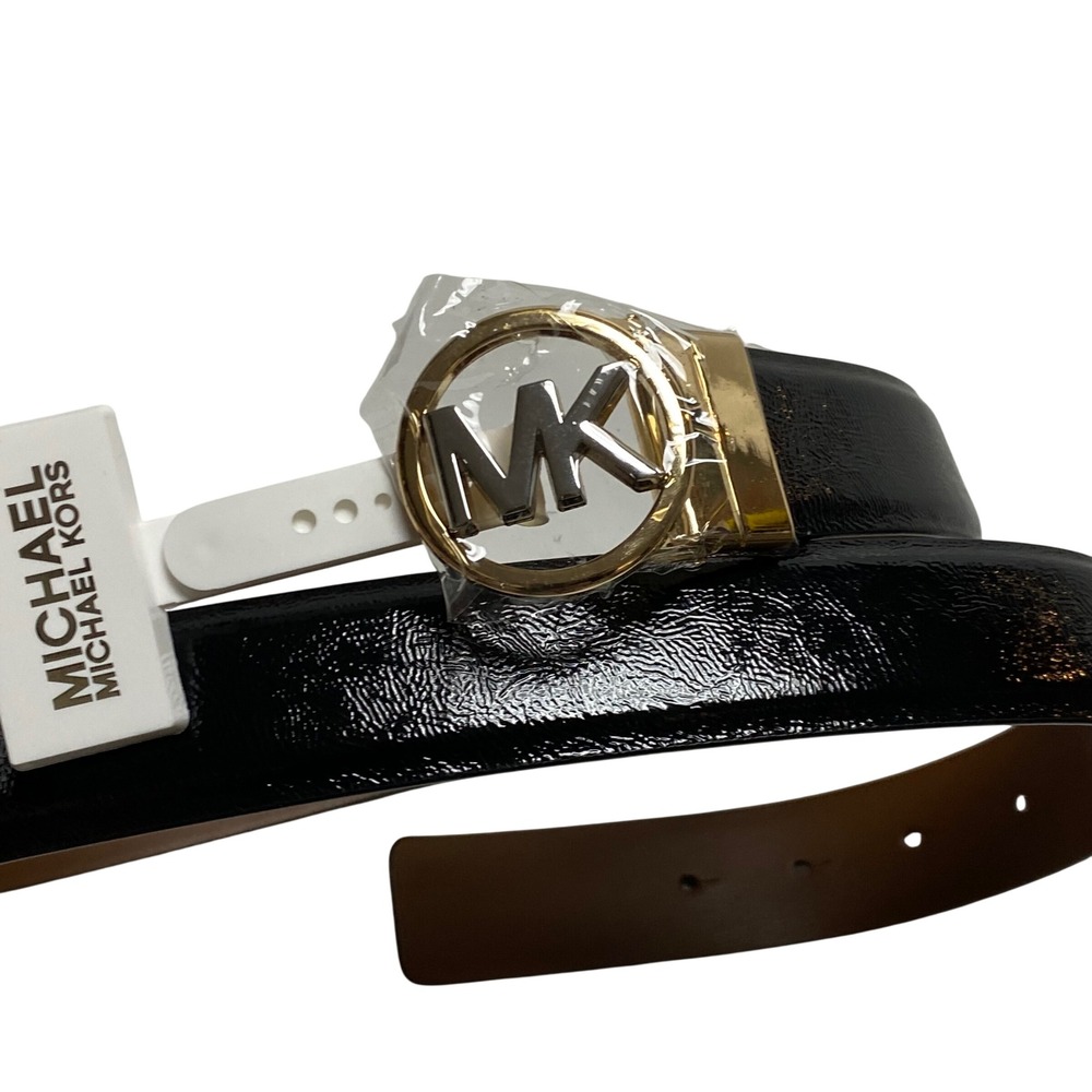 Michael Kors Womens Reversible Patent Leather‎ MK Logo Belt Black Brown Sm NWT